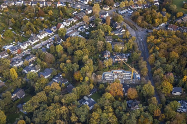 Aerial view, construction site new building, Broicher Waldgebiet, Schengerholzbachtal, Uhlenhorstweg, Mülheim an der Ruhr, Ruhr area, North Rhine-Westphalia, Germany, construction work, construction, construction area, building site, building plots, construction project, construction site, DE, Europe, autumn colours, aerial view, aerial photography, aerial photography, new building, overview, bird's-eye view, forest area, birds-eyes view, overview