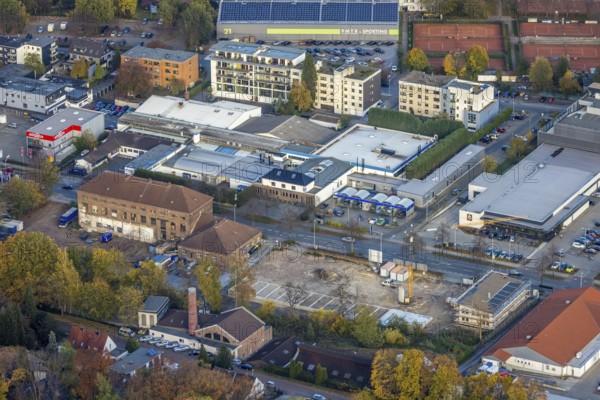 Aerial view, city centre, construction site Düsseldorfer Straße, Saarn, Mülheim an der Ruhr, Ruhr area, North Rhine-Westphalia, Germany, construction work, construction area, building site, building plots, construction project, construction site, city, DE, Europe, city centre, aerial view, aerial photography, aerial photography, city centre, overview, bird's-eye view, old THW building, birds-eyes view, overview