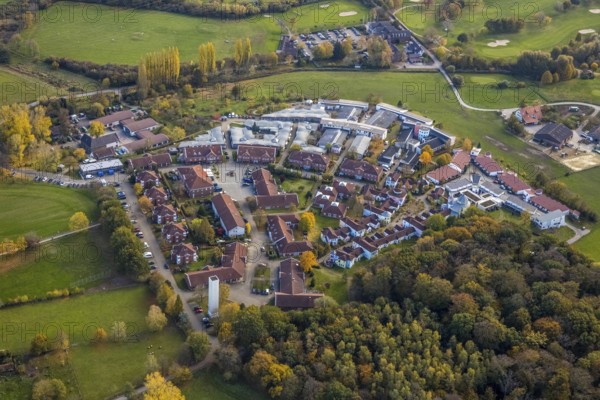Aerial view, senior citizens' centre Das Dorf - Wohnen im Alter, Saarn - Süd, Mülheim an der Ruhr, Ruhr area, North Rhine-Westphalia, Germany, care and nursing, DE, Europe, real estate, aerial view, aerial photography, aerial photography, care facility, senior citizens' residence, senior citizens' home, senior citizens' centre, Theodor Fliedner Foundation, overview, bird's-eye view, residential complex, living and life, residential buildings, quality of life, residential quarter, housing estate, bird's-eye view, overview