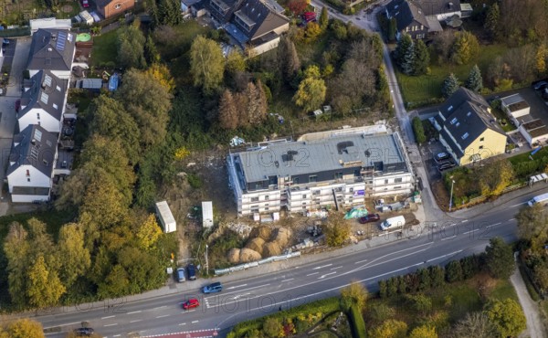 Aerial photo, new construction site Kölner Straße, Fahrkamp, Saarn, Mülheim an der Ruhr, Ruhr area, North Rhine-Westphalia, Germany, construction work, construction area, building site, building plots, construction project, construction site, DE, Europe, aerial photo, aerial photography, aerial photography, new construction, overview, bird's-eye view, overview