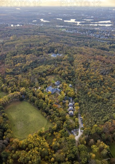 Aerial view, Landhaus Thyssen in the forest area, Großenbaumer Straße, Saarn - West, Mülheim an der Ruhr, Ruhr area, North Rhine-Westphalia, Germany, DE, Europe, autumn colours, aerial view, aerial photography, aerial photography, castle, castle grounds, overview, bird's-eye view, forest, birds-eyes view, overview