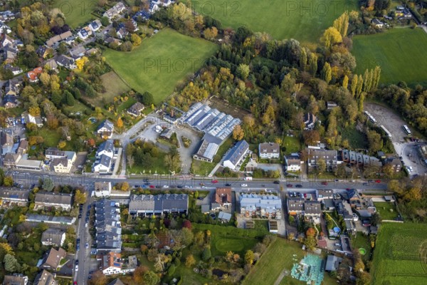 Aerial view, construction area Christof Rumbaum Gartenbau und Baumschule, Saarn - Süd, Mülheim an der Ruhr, Ruhr area, North Rhine-Westphalia, Germany, construction area, construction site, building plots, construction project, DE, Europe, horticulture, commercial area, commercial use, Kölner Straße, aerial view, aerial photography, aerial photography, overview, bird's-eye view, birds-eyes view, overview