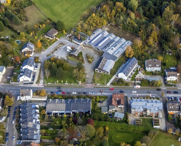 Aerial view, construction area Christof Rumbaum Gartenbau und Baumschule, Saarn - Süd, Mülheim an der Ruhr, Ruhr area, North Rhine-Westphalia, Germany, construction area, construction site, building plots, construction project, DE, Europe, horticulture, commercial area, commercial use, Kölner Straße, aerial view, aerial photography, aerial photography, overview, bird's-eye view, birds-eyes view, overview