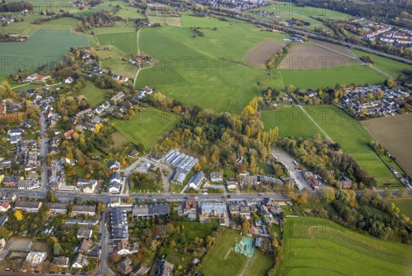 Aerial view, construction area Christof Rumbaum Gartenbau und Baumschule, Saarn - Süd, Mülheim an der Ruhr, Ruhr area, North Rhine-Westphalia, Germany, construction area, construction site, building plots, construction project, DE, Europe, horticulture, commercial area, commercial use, Kölner Straße, aerial view, aerial photography, aerial photography, overview, bird's-eye view, meadows and fields, birds-eyes view, overview