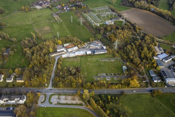 Aerial view, timber trade, Kölner Straße, Saarn - Süd, Mülheim an der Ruhr, Ruhr area, North Rhine-Westphalia, Germany, DE, Economy wood packaging, Europe, aerial view, aerial photography, aerial photography, Selbeck station, overview, bird's-eye view, overview