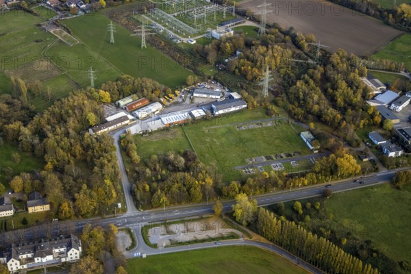 Aerial view, timber trade, Kölner Straße, Saarn - Süd, Mülheim an der Ruhr, Ruhr area, North Rhine-Westphalia, Germany, DE, economy timber packaging, Europe, aerial view, aerial photography, aerial photography, overview, bird's-eye view, overview