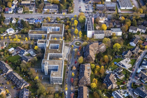 Aerial view, company building Aon Deutschland Versicherung, Saarn, Mülheim an der Ruhr, Ruhr area, North Rhine-Westphalia, Germany, DE, Europe, commercial enterprises, commercial area, commercial area, commercial location, commercial use, industrial area, industrial location, roundabout, aerial view, aerial photography, aerial photography, Luxemburger Allee, overview, bird's-eye view, overview