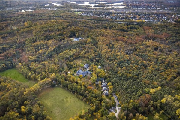 Aerial view, Landhaus Thyssen in the forest area, Großenbaumer Straße, Saarn - West, Mülheim an der Ruhr, Ruhr area, North Rhine-Westphalia, Germany, DE, Europe, autumn colours, aerial view, aerial photography, aerial photography, castle, castle grounds, overview, bird's-eye view, forest, birds-eyes view, overview