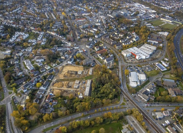 Aerial view, construction site of former football pitch, new construction of detached houses, St. Joseph Church, Heißen - Mitte, Mülheim an der Ruhr, Ruhr area, North Rhine-Westphalia, Germany, place of worship, construction work, construction area, construction site, building plots, construction project, DE, Europe, religious community, place of worship, holy place, Heißen Church, Hingbergstraße, church, parish, denomination, aerial view, aerial photography, aerial photography, new building, religion, religious site, overview, bird's-eye view, bird's-eye view, overview