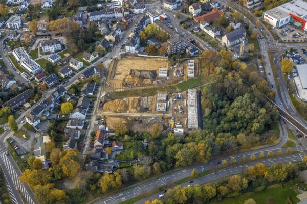 Aerial view, construction site of former football pitch, new construction of detached houses, St. Joseph Church, Heißen - Mitte, Mülheim an der Ruhr, Ruhr area, North Rhine-Westphalia, Germany, place of worship, construction work, construction area, construction site, building plots, construction project, DE, Europe, religious community, place of worship, holy place, Heißen Church, Hingbergstraße, church, parish, denomination, aerial view, aerial photography, aerial photography, new building, religion, religious site, overview, bird's-eye view, bird's-eye view, overview
