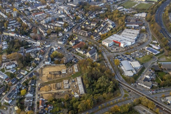 Aerial view, construction site of former football pitch, new construction of detached houses, St. Joseph Church, Heißen - Mitte, Mülheim an der Ruhr, Ruhr area, North Rhine-Westphalia, Germany, place of worship, construction work, construction area, construction site, building plots, construction project, DE, Europe, religious community, place of worship, holy place, Heißen Church, Hingbergstraße, church, parish, denomination, aerial view, aerial photography, aerial photography, new building, religion, religious site, overview, bird's-eye view, bird's-eye view, overview