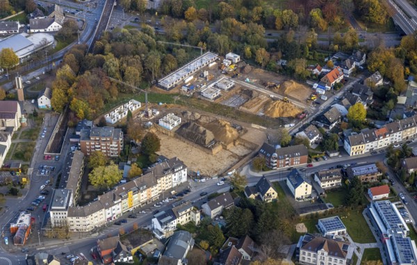Aerial view, construction site of former football pitch, new construction of detached houses, St. Joseph Church, Heißen - Mitte, Mülheim an der Ruhr, Ruhr area, North Rhine-Westphalia, Germany, place of worship, construction work, construction area, construction site, building plots, construction project, DE, Europe, religious community, place of worship, holy place, Heißen Church, Hingbergstraße, church, parish, denomination, aerial view, aerial photography, aerial photography, new building, religion, religious site, overview, bird's-eye view, bird's-eye view, overview