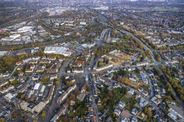 Aerial view, construction site of former football pitch, new construction of detached houses, St. Joseph Church, Heißen - Mitte, Mülheim an der Ruhr, Ruhr area, North Rhine-Westphalia, Germany, place of worship, construction work, construction area, construction site, building plots, construction project, DE, Europe, religious community, place of worship, holy place, Heißen Church, Hingbergstraße, church, parish, denomination, aerial view, aerial photography, aerial photography, new building, religion, religious site, overview, bird's-eye view, bird's-eye view, overview