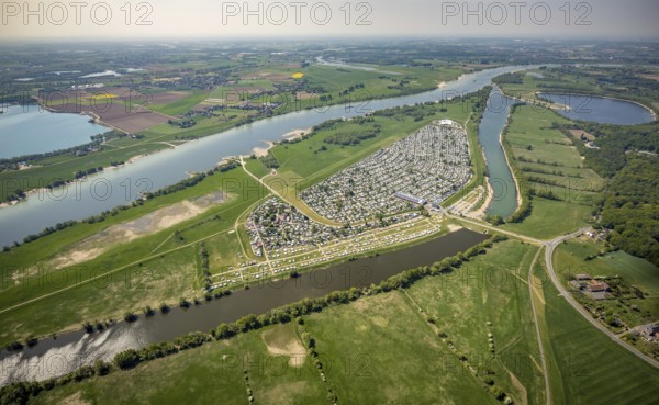Aerial view, camping site Grav Insel am Rhein, Auesee, caravans and tents, Flürener Altrhein, Wesel, Ruhr area, Lower Rhine, North Rhine-Westphalia, Germany