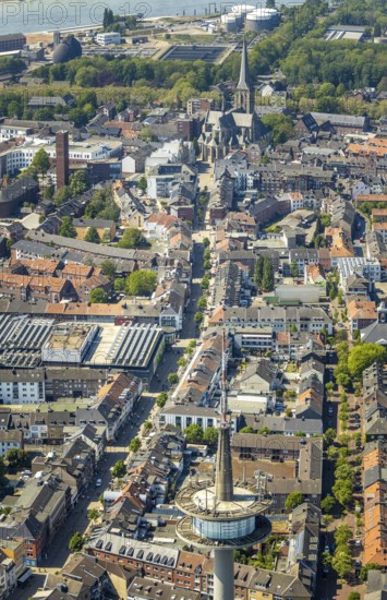 Aerial view, TV tower Wesel Langer Heinrich, protestant church Willibrordi-Dom, Hohe Straße shopping mile, green trees, Wesel, Ruhr area, Lower Rhine, North Rhine-Westphalia, Germany