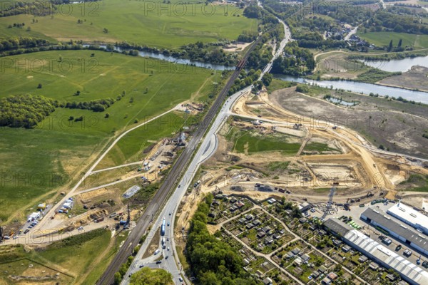 Aerial view, construction area on the B8 federal road, River Lippe, Lippe bridge, Fusternberg, Wesel, Ruhr area, Lower Rhine, North Rhine-Westphalia, Germany