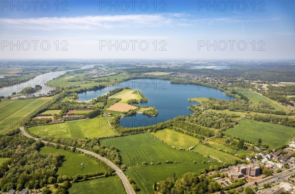 Aerial view, Auesee, Auesee lido, Nordstrand, Wesel marina, meadows and fields, Wesel, Ruhr area, Lower Rhine, North Rhine-Westphalia, Germany