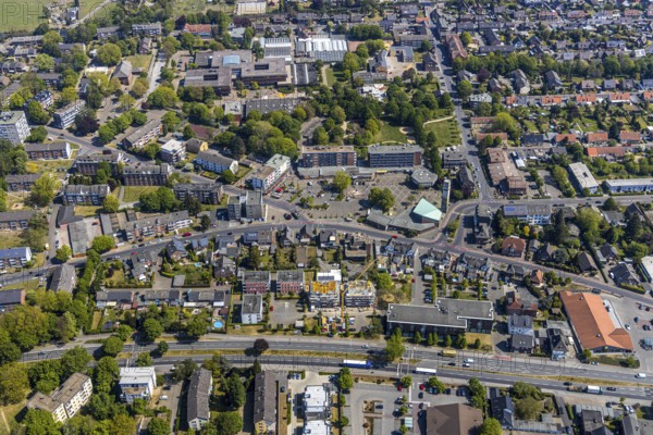 Aerial view, Feldmark market square, Friedenskirche Protestant church, Springendahlstraße development area, Wesel, Ruhr area, Lower Rhine, North Rhine-Westphalia, Germany