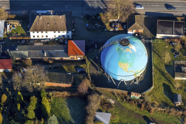 Aerial view, Oberwengerner Straße globe, gas globe, gasometer, Wengern, Wetter, Ruhr area, North Rhine-Westphalia, Germany