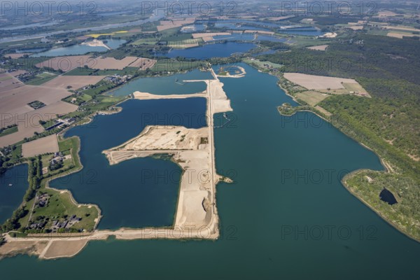 Aerial view, Diersfordter forest lake with sailing harbour, gravel extraction, Wesel, Ruhr area, Lower Rhine, North Rhine-Westphalia, Germany
