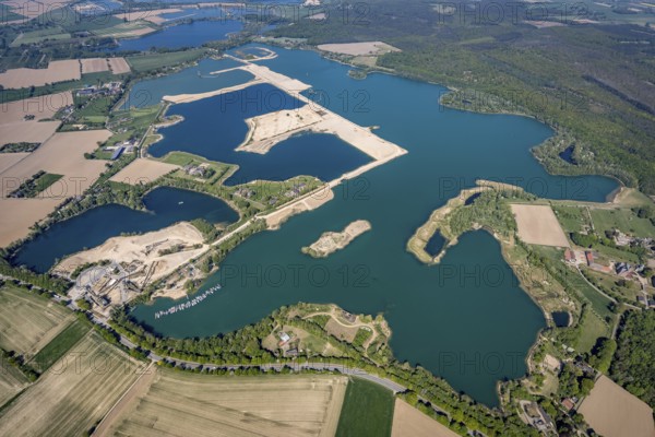 Aerial view, Diersfordter forest lake with sailing harbour, Diersfordt Castle, Wesel, Ruhr area, Lower Rhine, North Rhine-Westphalia, Germany