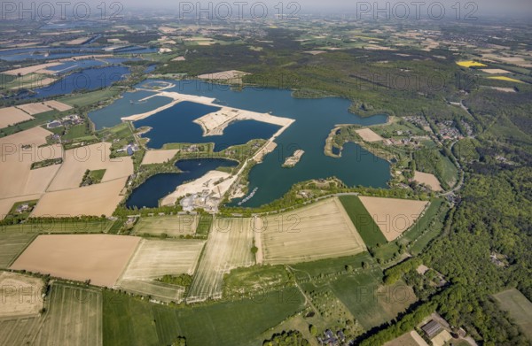 Aerial view, Diersfordter forest lake with sailing harbour, Diersfordt Castle, Wesel, Ruhr area, Lower Rhine, North Rhine-Westphalia, Germany
