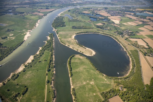 Aerial view, Flürener Altrhein, river Rhine, meadows and fields, Wesel, Ruhr area, Lower Rhine, North Rhine-Westphalia, Germany