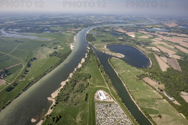 Aerial view, camping site Grav Insel am Rhein, caravans and tents, Flürener Altrhein, Wesel, Ruhr area, Lower Rhine, North Rhine-Westphalia, Germany