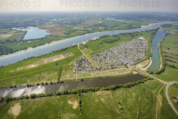 Aerial view, camping site Grav Insel on the Rhine, caravans and tents, Wesel, Ruhr area, Lower Rhine, North Rhine-Westphalia, Germany