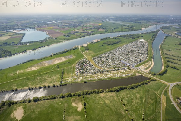 Aerial view, camping site Grav Insel on the Rhine, caravans and tents, Wesel, Ruhr area, Lower Rhine, North Rhine-Westphalia, Germany