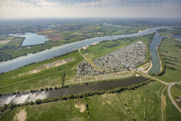 Aerial view, camping site Grav Insel on the Rhine, caravans and tents, Wesel, Ruhr area, Lower Rhine, North Rhine-Westphalia, Germany