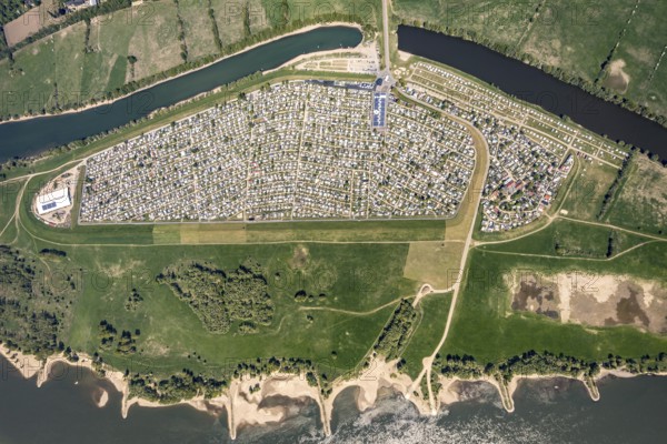 Aerial view, camping site Grav Insel on the Rhine, caravans and tents, Wesel, Ruhr area, Lower Rhine, North Rhine-Westphalia, Germany