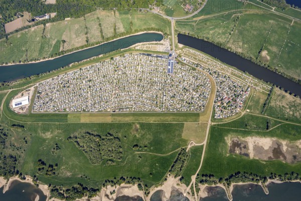 Aerial view, camping site Grav Insel on the Rhine, caravans and tents, Wesel, Ruhr area, Lower Rhine, North Rhine-Westphalia, Germany