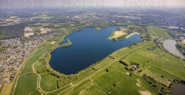Aerial view, Auesee, Auesee lido, North lido, Wesel marina, meadows and fields, Wesel, Ruhr area, Lower Rhine, North Rhine-Westphalia, Germany