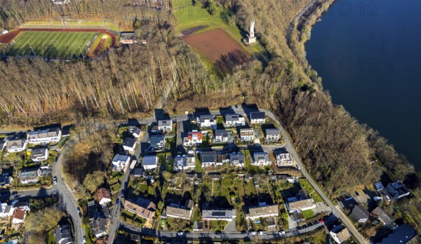 Aerial view, residential area Harkortberg, Ehrenmalweg, Harkortturm, sports field, Alt-Wetter, Wetter, Ruhr area, North Rhine-Westphalia, Germany