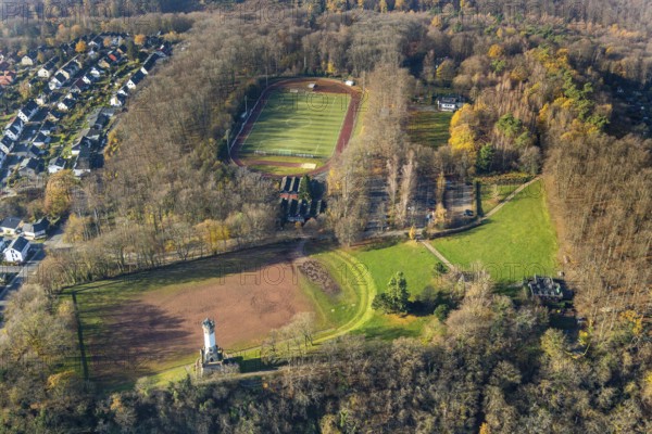 Aerial view, new housing estate Am alten Stamm - Sunderweg, Harkortturm, climbing forest Wetter, football pitch Waldstatdion Harkortberg FC wetter 1910-30, Wetter, Wetter, Ruhr area, North Rhine-Westphalia, Germany
