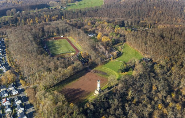 Aerial view, new housing estate Am alten Stamm - Sunderweg, Harkortturm, climbing forest Wetter, football pitch Waldstatdion Harkortberg FC wetter 1910-30, Wetter, Wetter, Ruhr area, North Rhine-Westphalia, Germany