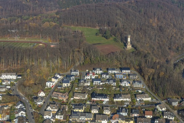 Aerial view, new housing estate Am alten Stamm - Sunderweg, Harkortturm, football pitch Waldstatdion Harkortberg FC wetter 1910-30, Wetter, Wetter, Ruhr area, North Rhine-Westphalia, Germany