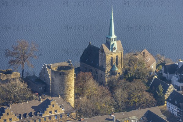 Aerial view, Wetter Castle, Evangelical-Ref. parish Wetter-Freiheit, shore Harkortsee, Wetter, Wetter, Ruhr area, North Rhine-Westphalia, Germany
