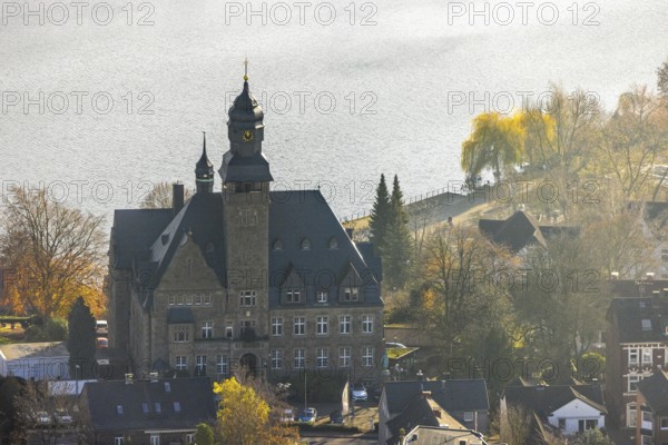 Aerial view, city administration Wetter (Ruhr), town hall, heritage-protected secular building, Harkortsee, Wetter, Wetter, Ruhr area, North Rhine-Westphalia, Germany