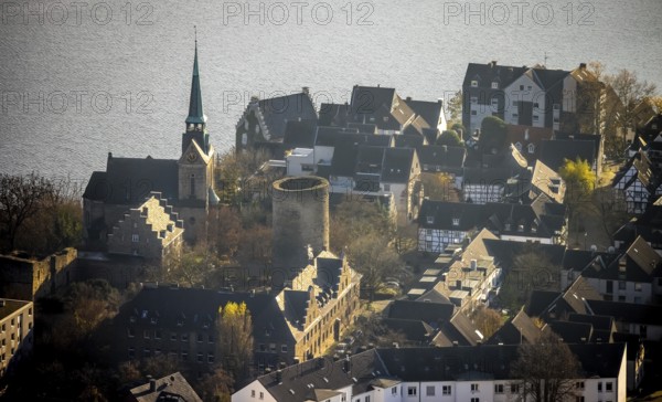 Aerial view, Wetter Castle, Evangelical-Ref. parish Wetter-Freiheit, shore Harkortsee, Wetter, Wetter, Ruhr area, North Rhine-Westphalia, Germany