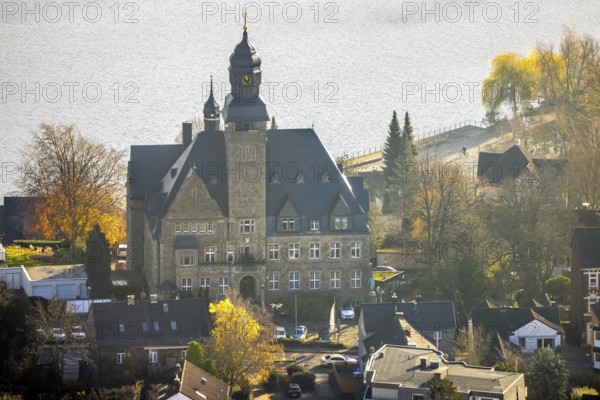 Aerial view, city administration Wetter (Ruhr), town hall, heritage-protected secular building, Harkortsee, Wetter, Wetter, Ruhr area, North Rhine-Westphalia, Germany
