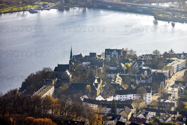 Aerial view, Wetter Castle, Evangelical-Ref. parish Wetter-Freiheit, shore Harkortsee, Wetter, Wetter, Ruhr area, North Rhine-Westphalia, Germany