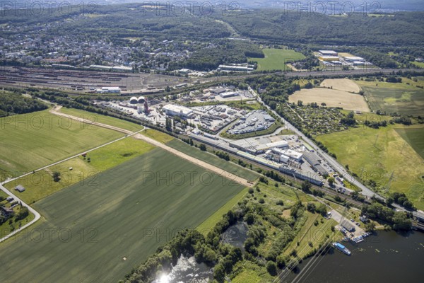 Aerial view, industrial area Hagen-Vorhalle, marshalling yard, freight yard, Berding Beton, Vorhalle, Hagen, Ruhr area, North Rhine-Westphalia, Germany