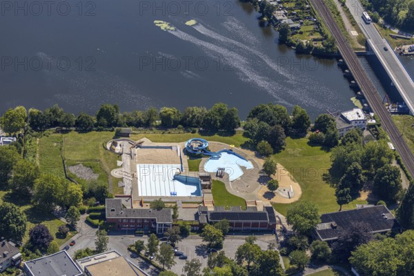 Aerial view, nature outdoor swimming pool Wetter, Ruhr, Ruhr valley, Alt-Wetter, Wetter, Ruhr area, North Rhine-Westphalia, Germany