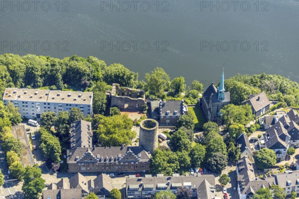 Aerial view, Wetter Castle, Evangelical-Ref. parish Wetter-Freiheit, shore Harkortsee, Alt-Wetter, Wetter, Ruhr, Ruhr area, North Rhine-Westphalia, Germany