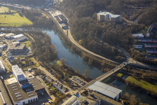 Aerial view, Demag factory premises, Ruhrbrücke Ruhrstraße, Volmarstein, Wetter, Ruhr area, North Rhine-Westphalia, Germany