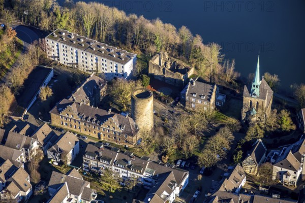 Aerial view, Wetter Castle, Wetter-Freiheit Protestant Church, Alt-Wetter, Wetter, Ruhr area, North Rhine-Westphalia, Germany