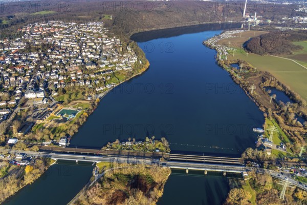 Aerial view, view of Wetter, nature outdoor swimming pool Wetter (Ruhr), Harkortsee, Ruhrbrücke Friedrichstraße, Alt-Wetter, Wetter, Ruhr area, North Rhine-Westphalia, Germany