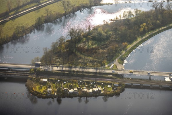 Aerial view, Obergraben, Obergrabenbrücke, Friedrichstraße, railway bridge, allotment garden site at Obergraben, peninsula, Harkortsee, Wetter, Wetter, Ruhr area, North Rhine-Westphalia, Germany